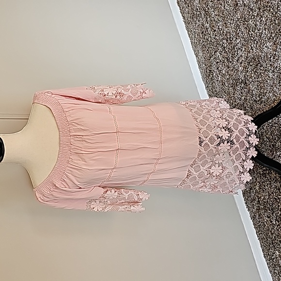 Pink Boho Floral Lace Swim Coverup 3/4 sleeve Off The Shoulder Small - Picture 3 of 9